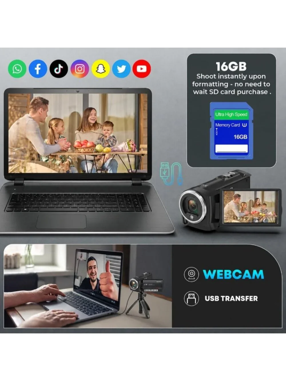 2.7K Video Camcorder QHD 56MP - Perfect for YouTube Vlogging & Streaming